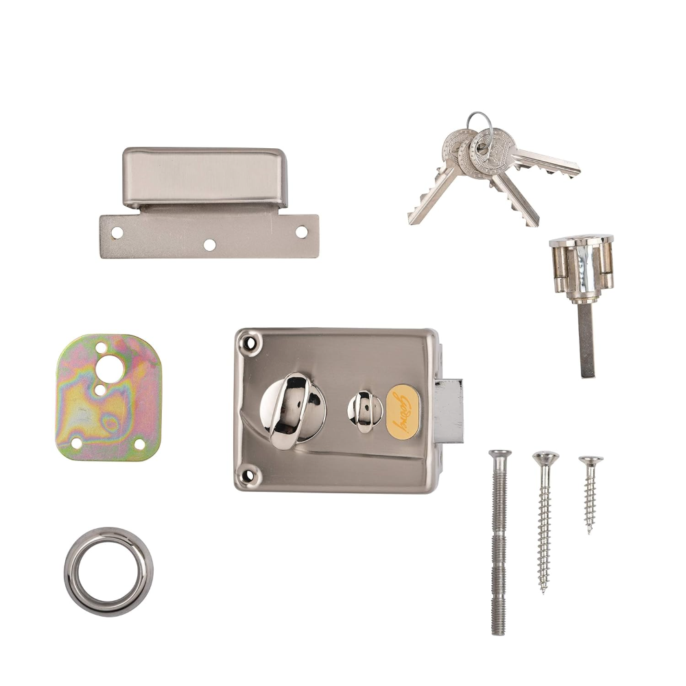 Godrej Rim Lock I Night Latch I 1CK Deadbolt I For Home Main door I for Outside Opening Door & Left  Right Handed Doors I 4 Keys I 5 Year Warranty I I Brushed Steel Finish